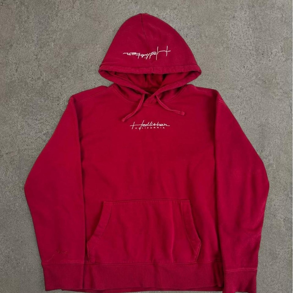 Hollister Mens Red Embroidered Cursive Logo Pullover Hoodie Y2K Medium
